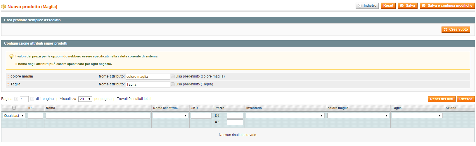 Creazione veloce prodotto associato