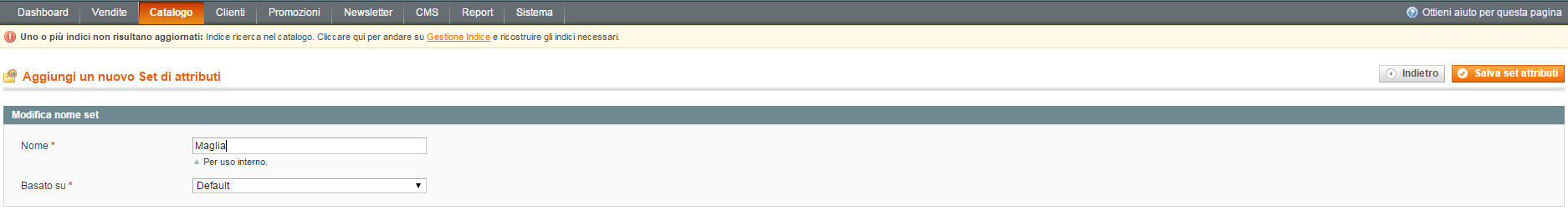 Nuovo Set Gestione Set di attributi Attributi Catalogo Magento Admin