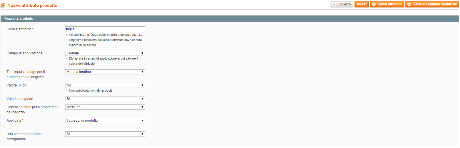 Nuovo attributo Taglia Gestione attributi Attributi Catalogo Magento Admin