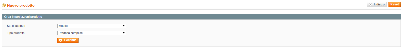 Nuovo prodotto Gestisci prodotti Catalogo Magento Admin