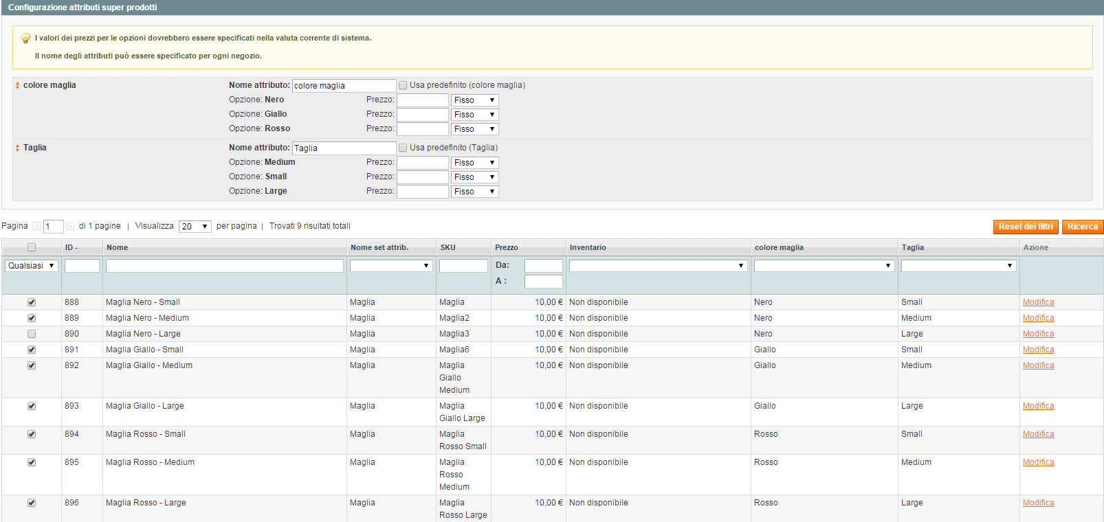 Nuovo prodotto Gestisci prodotti Catalogo Magento Admin