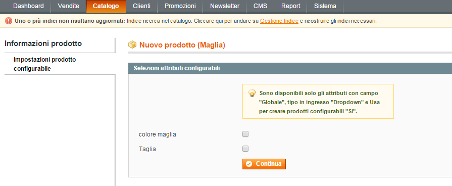 Selezione attributi configurabili