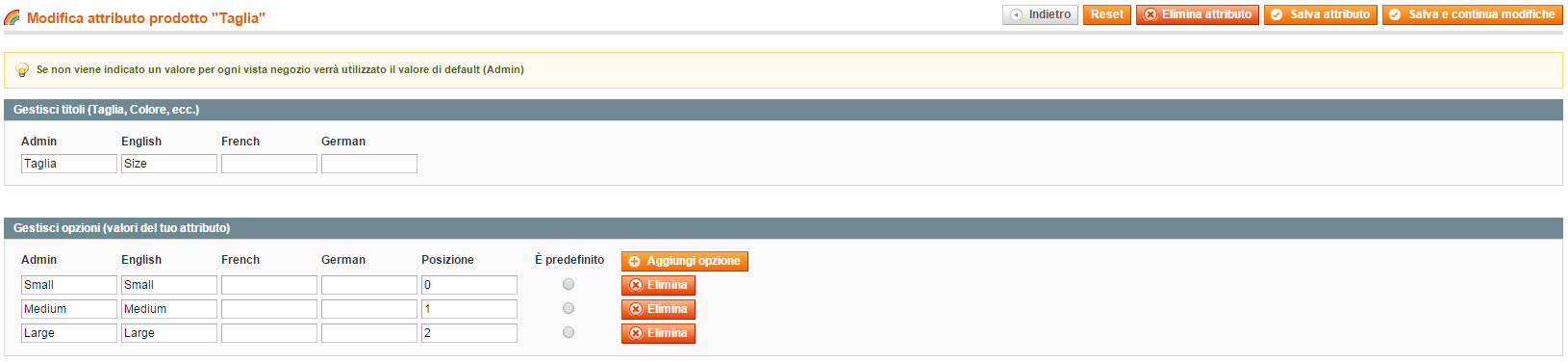 taglia Gestione attributi Attributi Catalogo Magento Admin