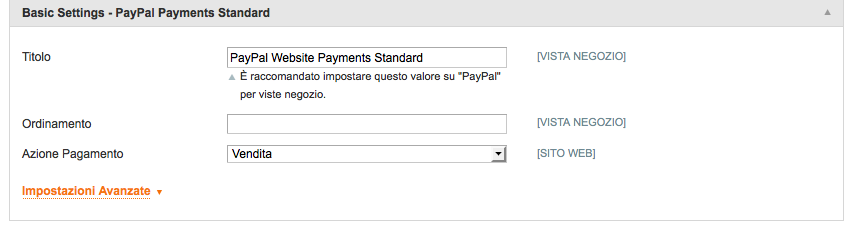impostazioni base magento paypal