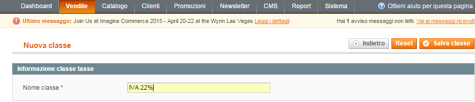 Nuova classe Classi fiscali prodotto Tasse Vendite Magento Admin