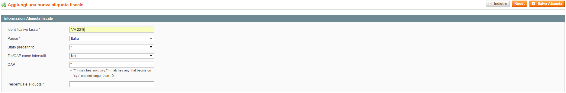 Nuova tariffa Gestione Zone imposte e tariffe Tasse Vendite Magento Admin