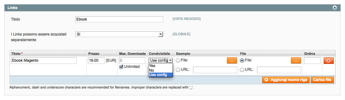 configurazione link prodotti scaricabili