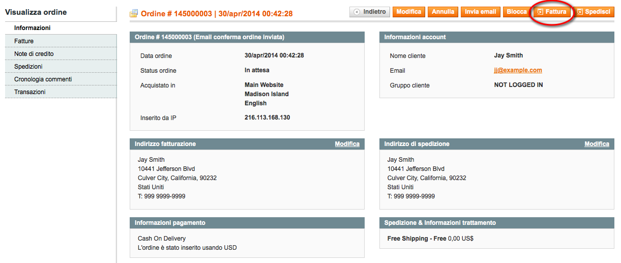 creazione fattura ordine magento