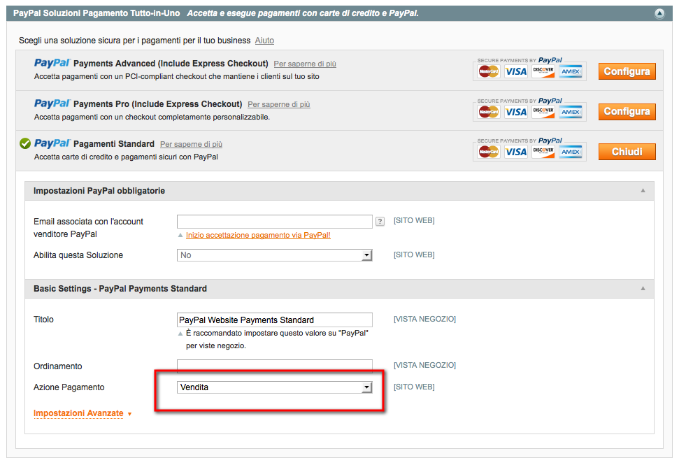 azione di pagamento magento