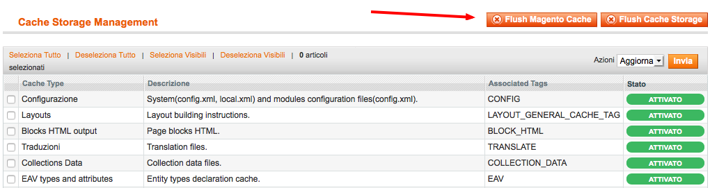 Cache Management : Sistema : Amministrazione Magento