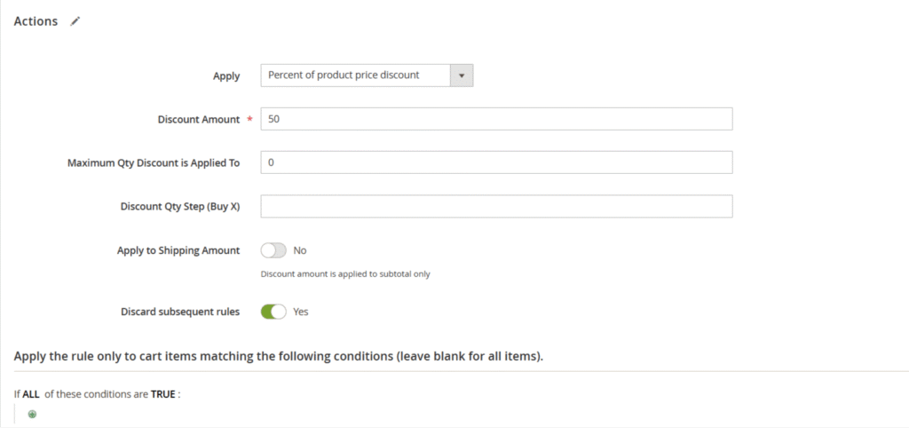 schermata di impostazione delle Azioni
