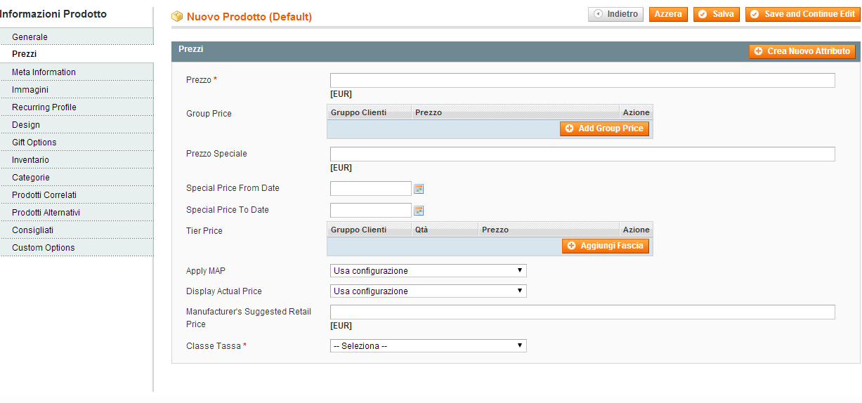 scheda prezzo magento