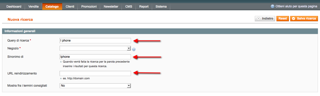reindirizzamento query ricerca magento