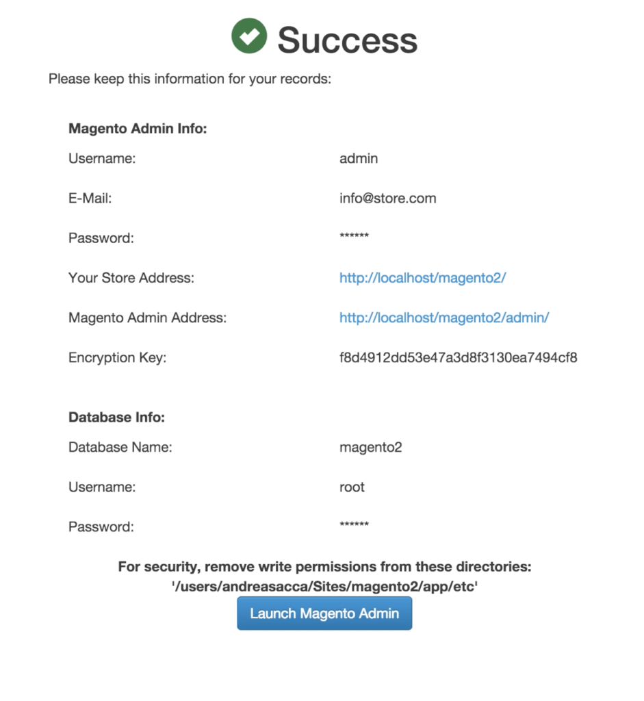 Installare Magento 2 successo