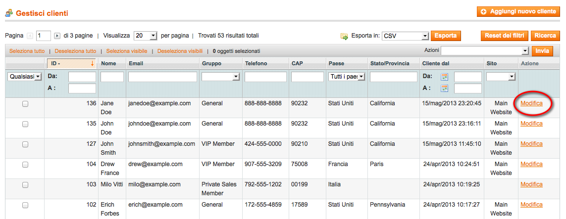 gestione clienti ordine magento