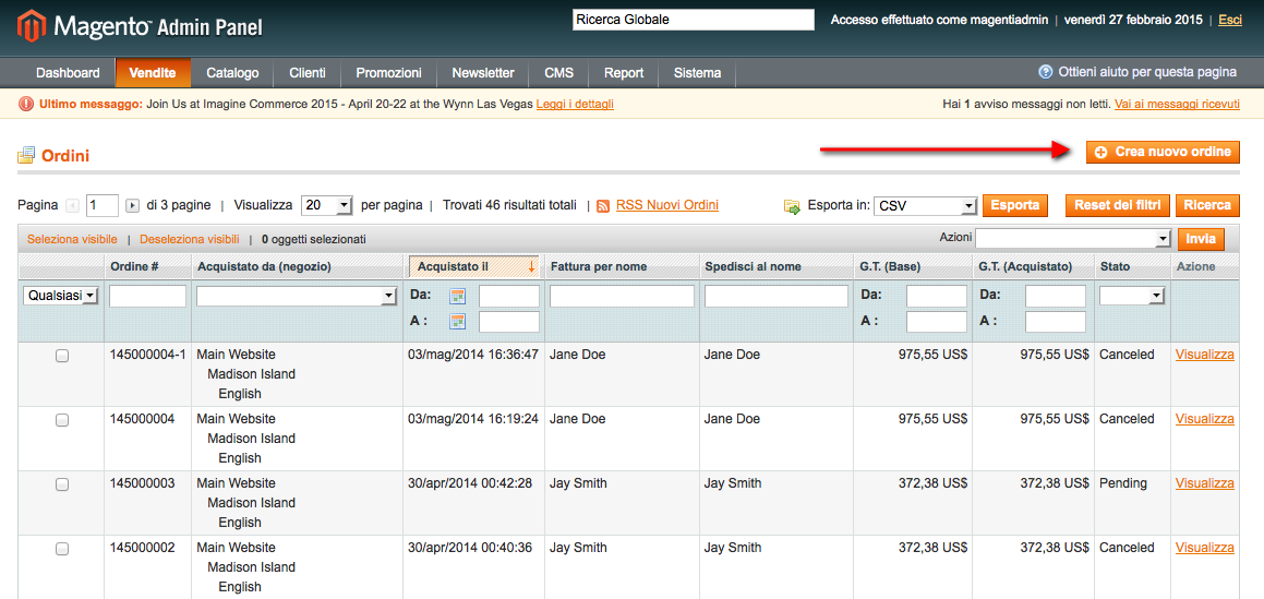 magento creare ordini
