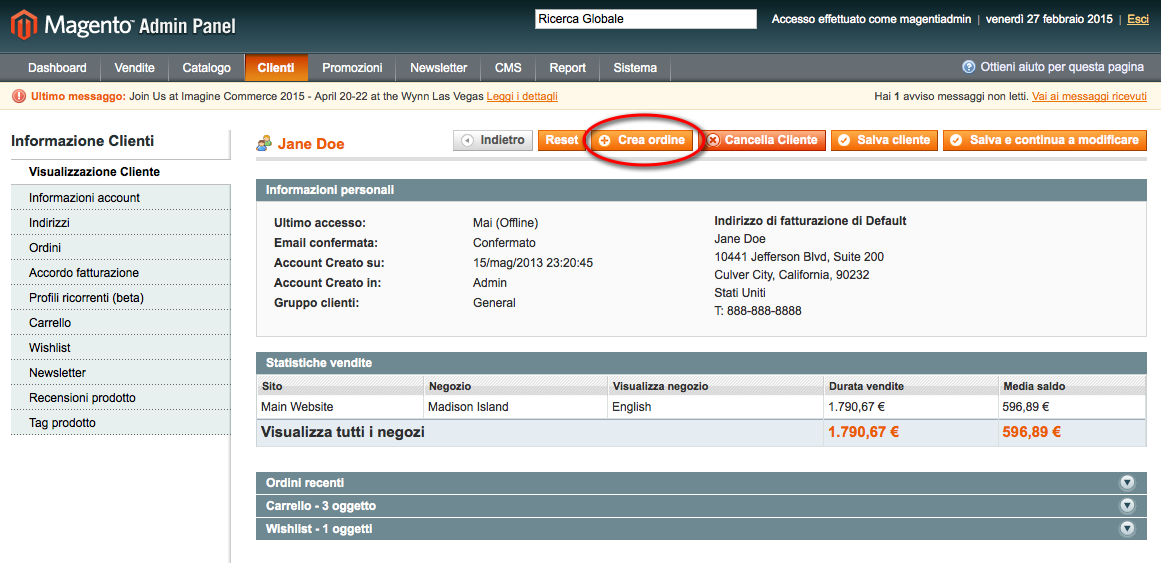 creare ordine clienti