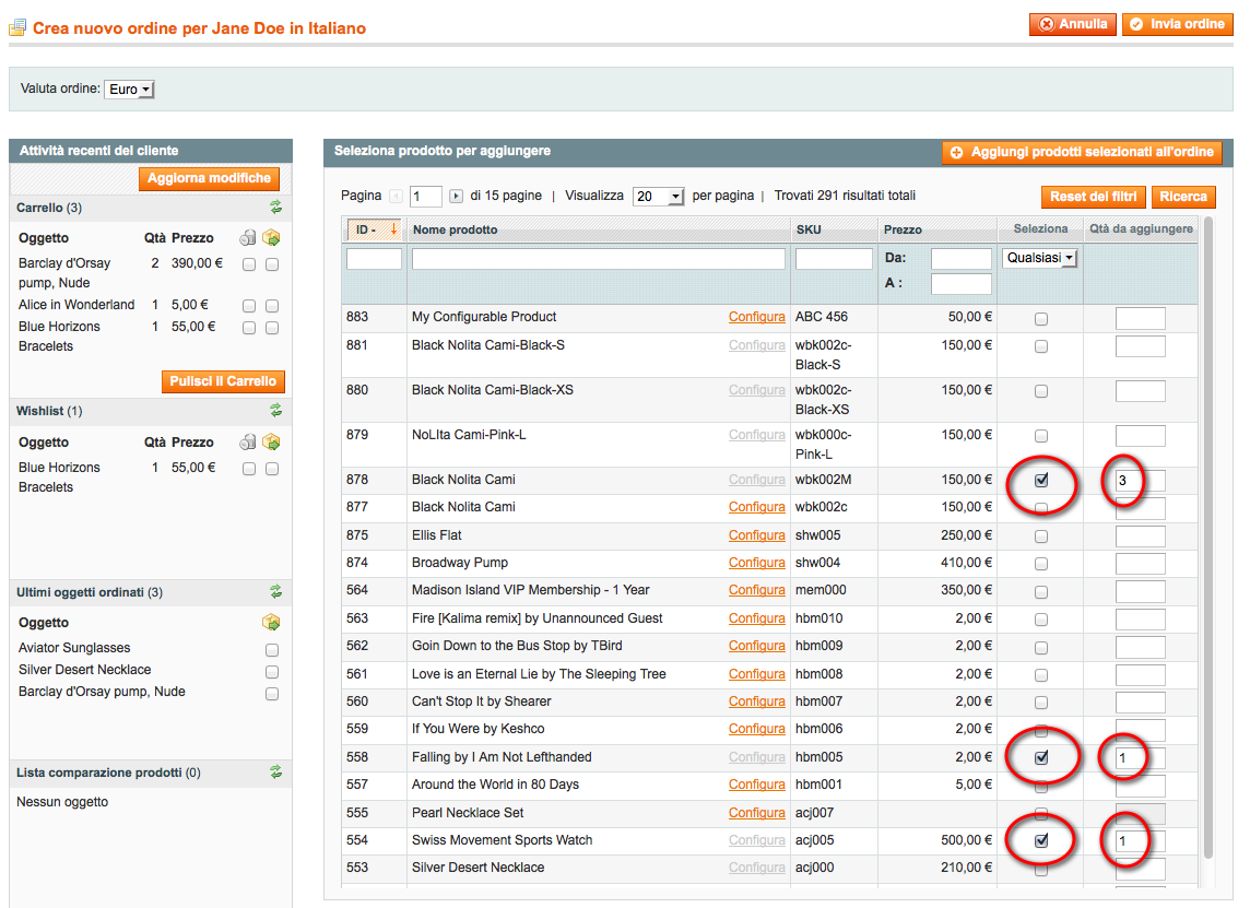 selezione prodotto magento