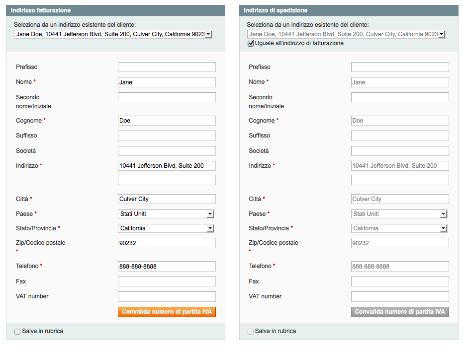 indirizzi di fatturazione e spedizione magento