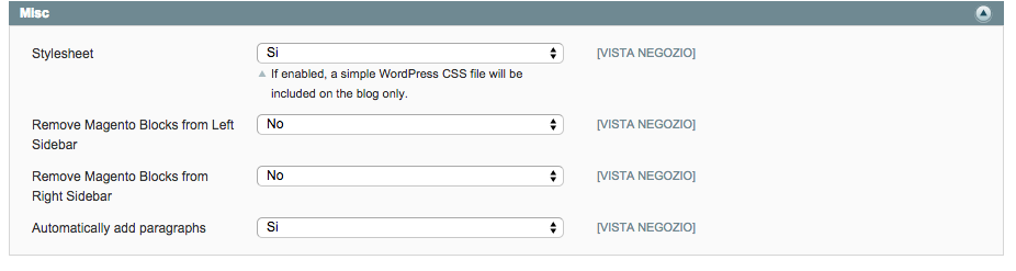 diverse opzioni per la configurazione