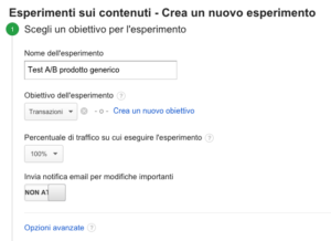 creazione di un nuovo esperimento su analytics