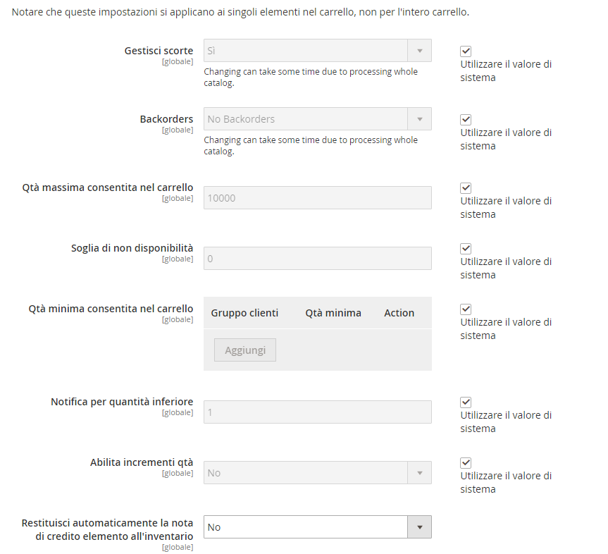 opzioni inventario prodotto