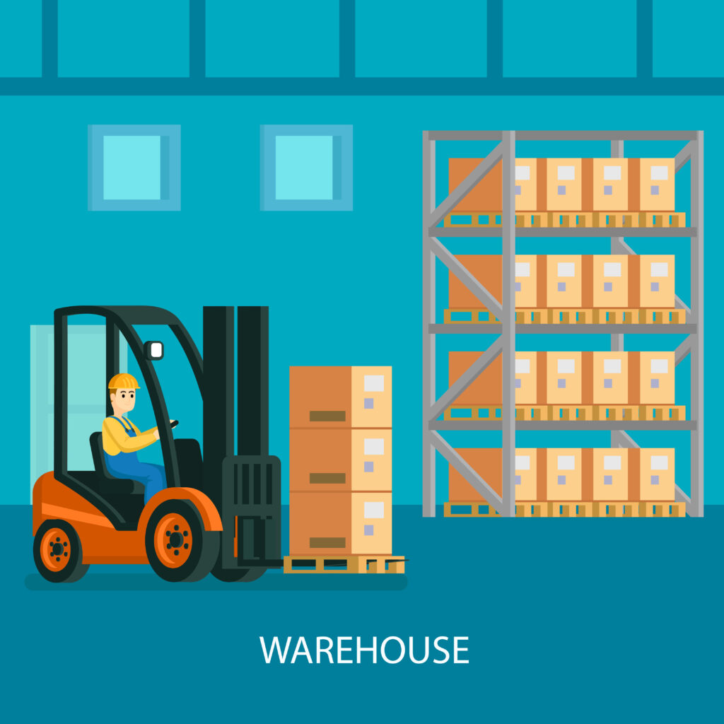 immagine che identifica un magazzino con un transpallet all'opera, per indicare la gestione del magazzino con l'intelligenza artificiale