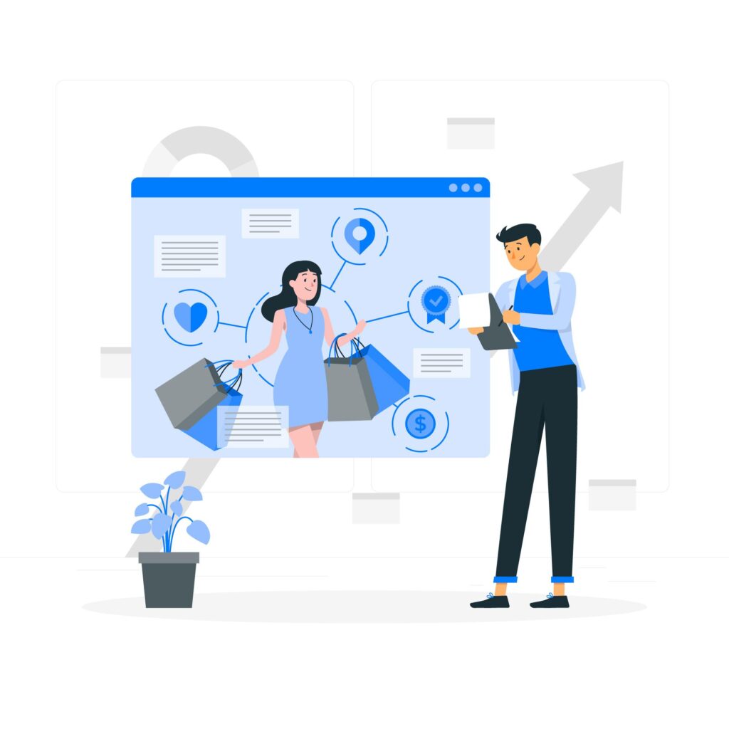 persona che acquista online e altra persona che prende nota per indicare lo studio delle performance del sito