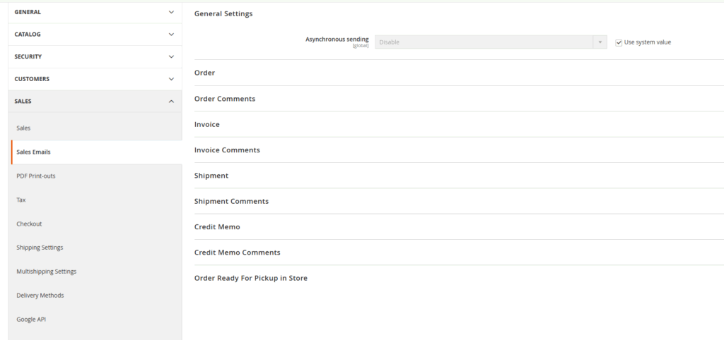 schermata con diversi tipi di email che si possono inviare pos acquisto in magento