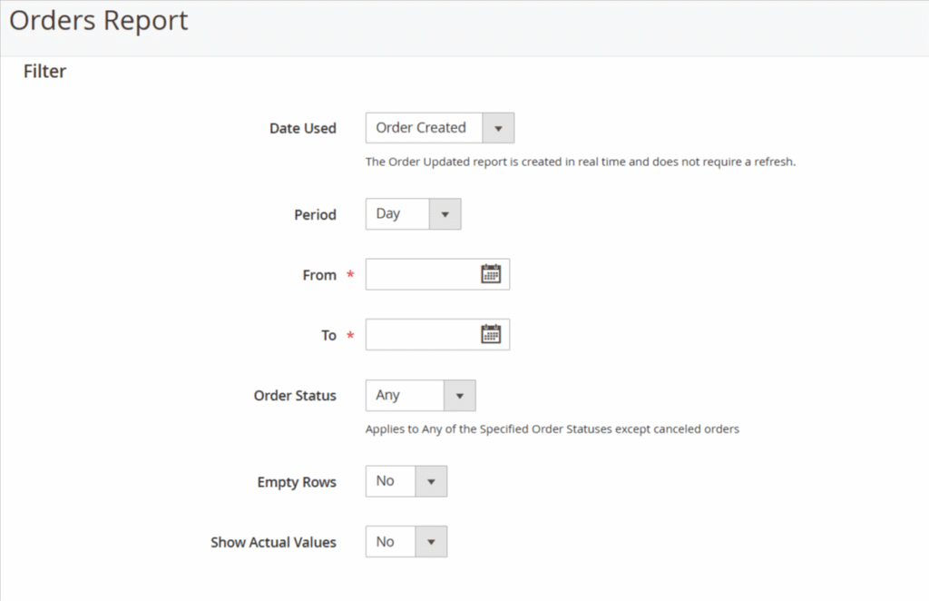 schermata scelta report ordini