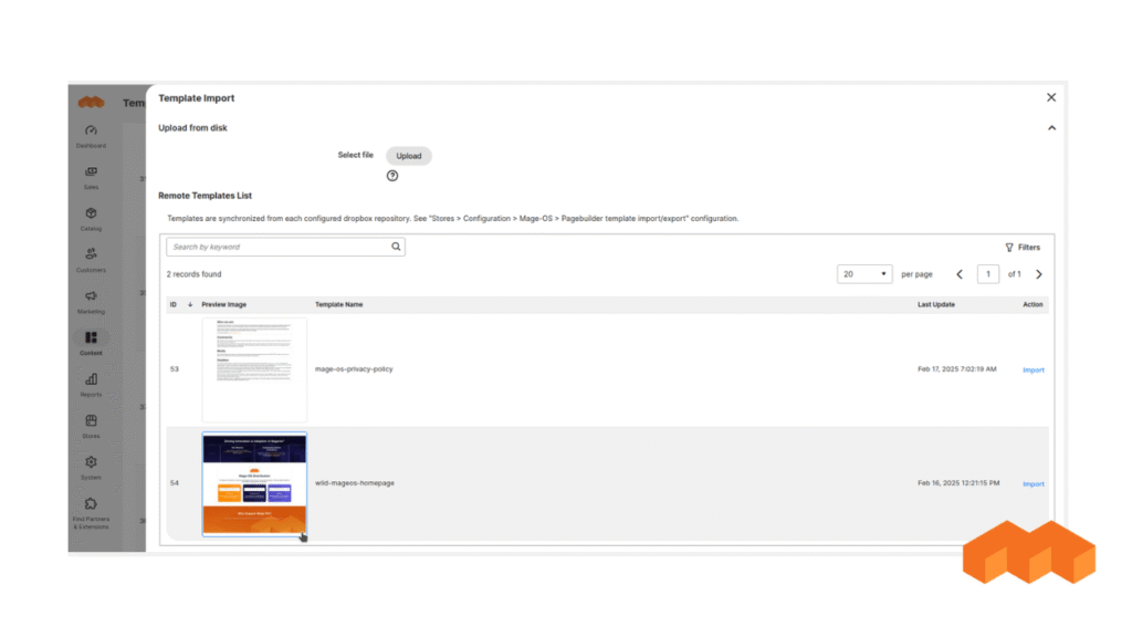 schermata modulo Mage-OS che consente di esportare e importare template pagebuilder